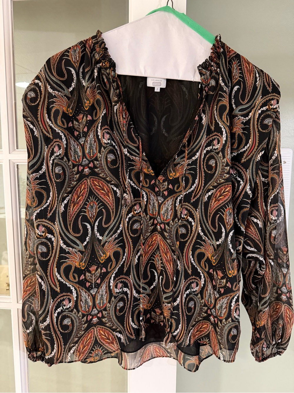 MISA Los Angeles- Women's Paisley V-Neck Blouse - Black with Rust & Cream